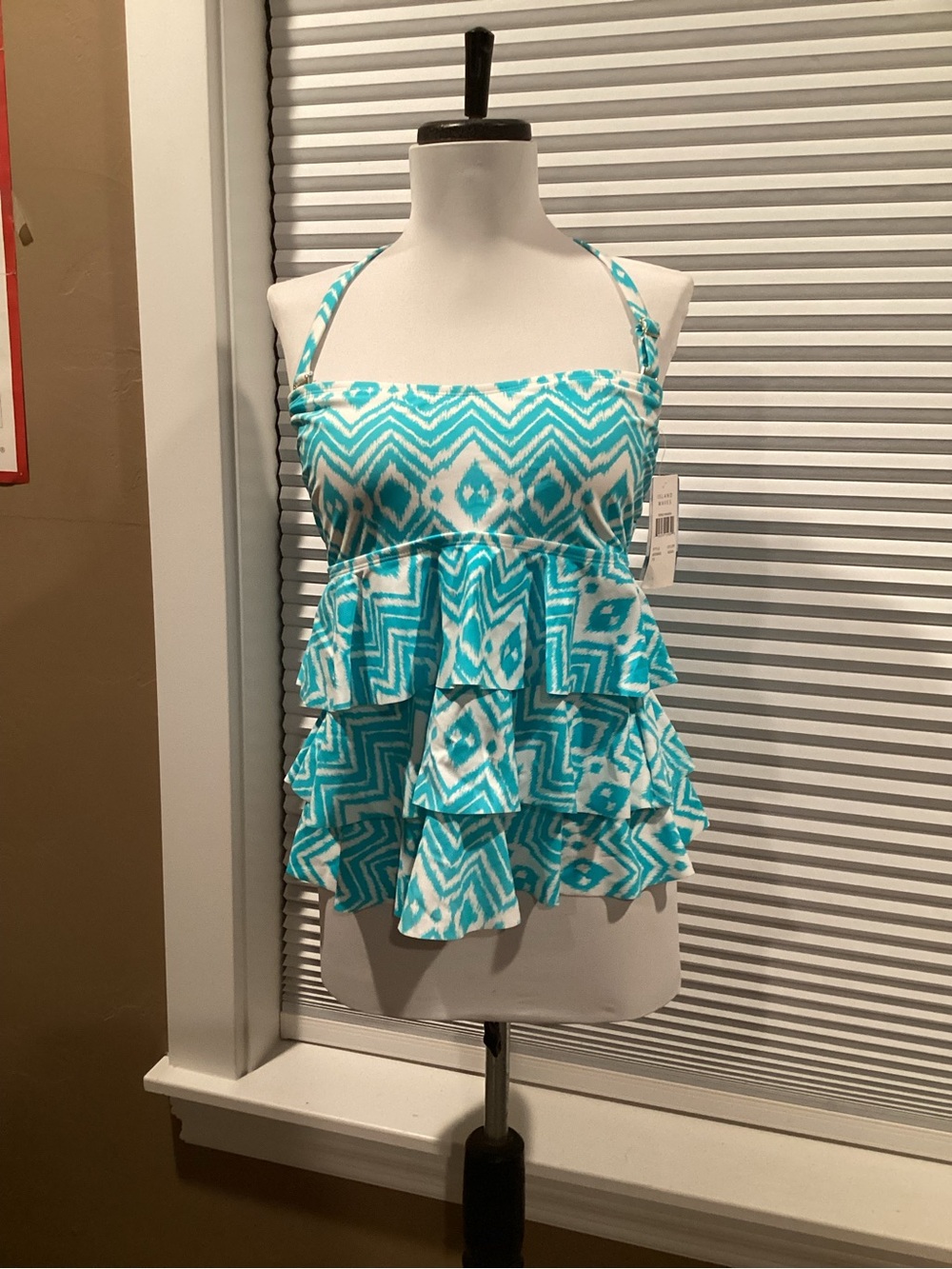 Women's Turquoise Ikat Tiered Ruffle Swim Top